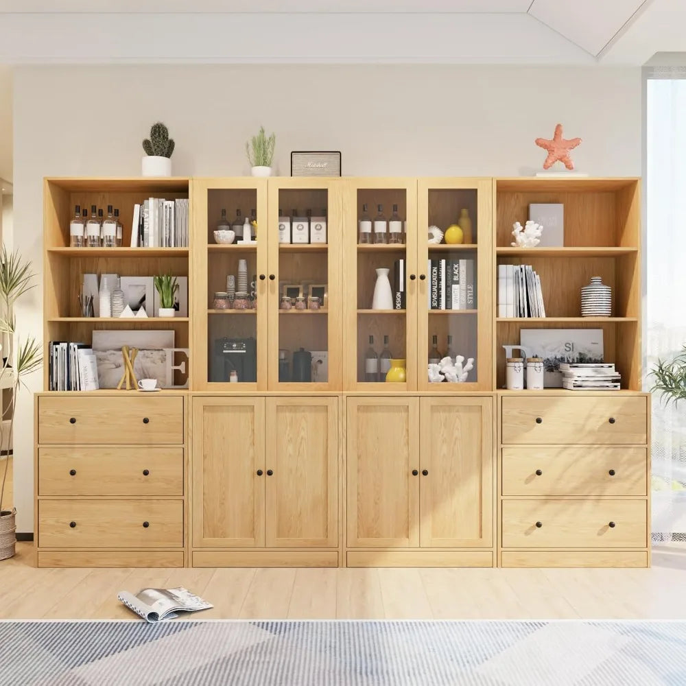 HUANZHUANG 3 Tier Modern Bookshelf With Glass Doors Drawers