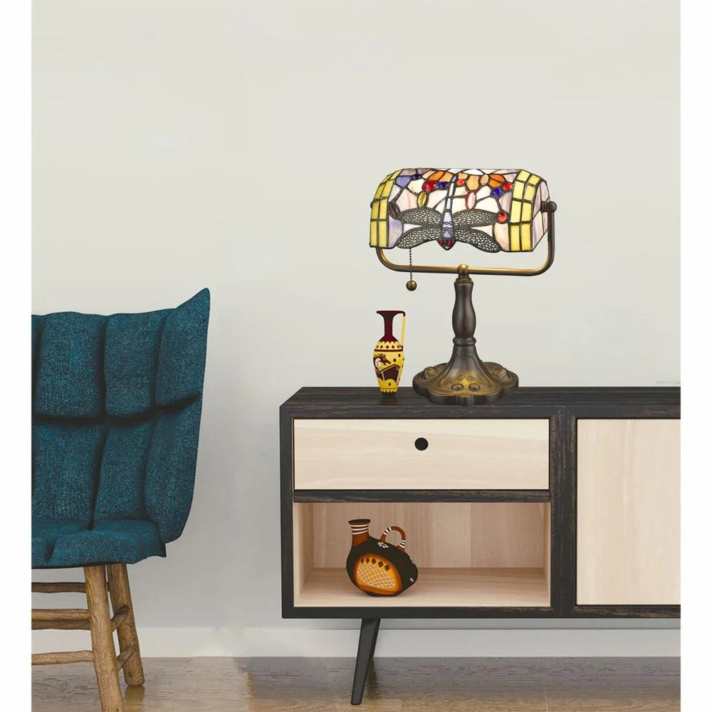 XMSJ Banker Desk Lamp Dragonfly Glass Shade Adjustable