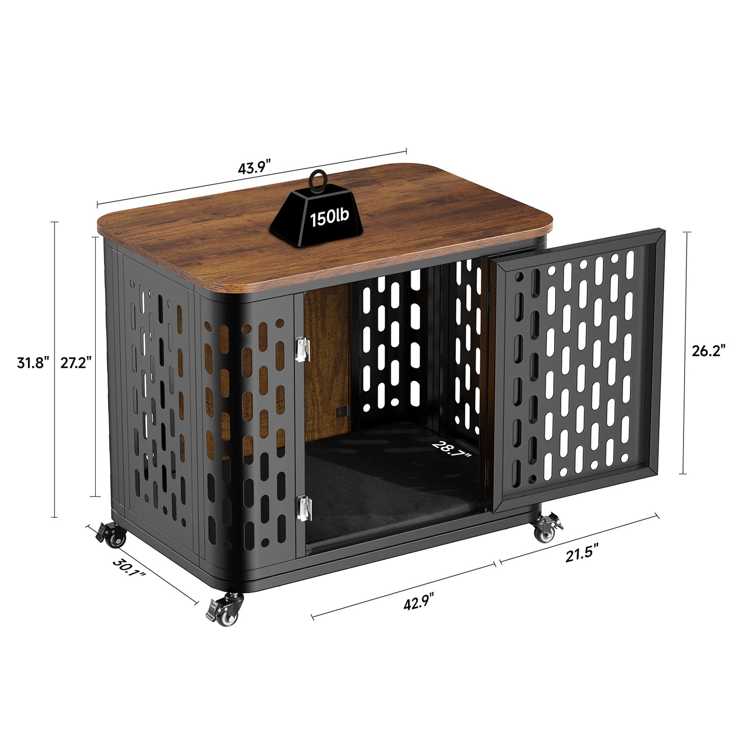 ONBRILL Wood Dog Kennel Cage With Cushion And Wheels