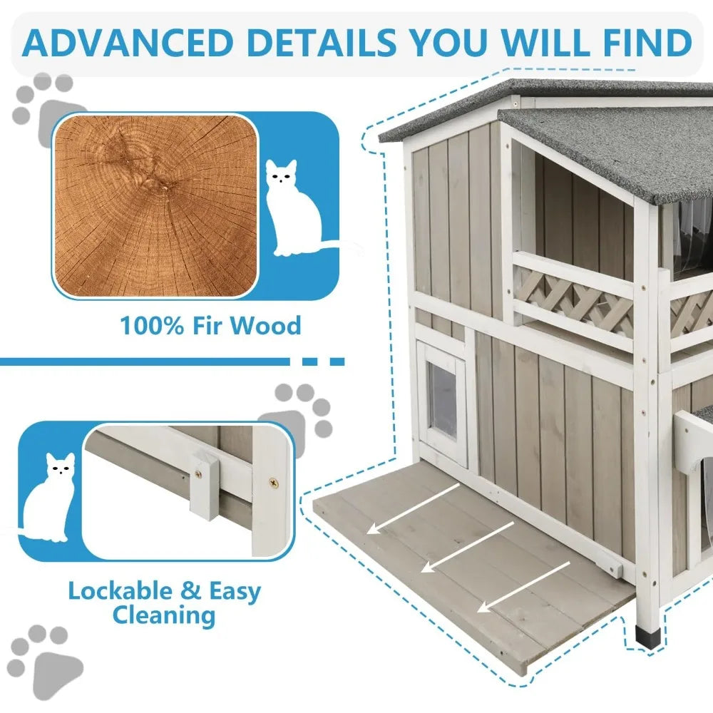 Two Story Wooden Feral Cat Shelter With Waterproof Roof