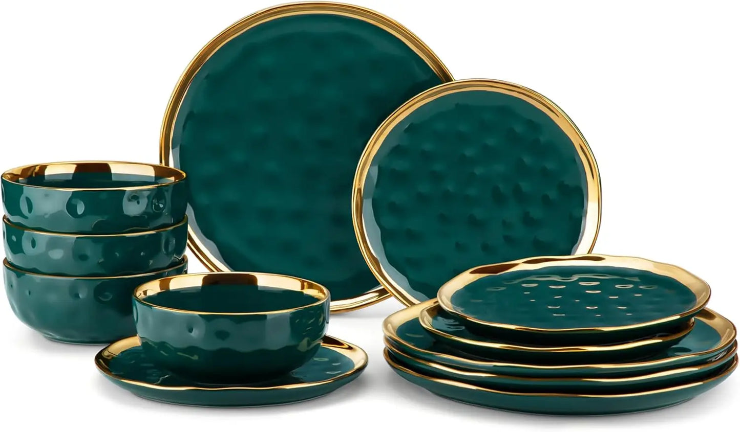 LIEI 12 Piece Porcelain Plates And Bowls Dinnerware Set Service