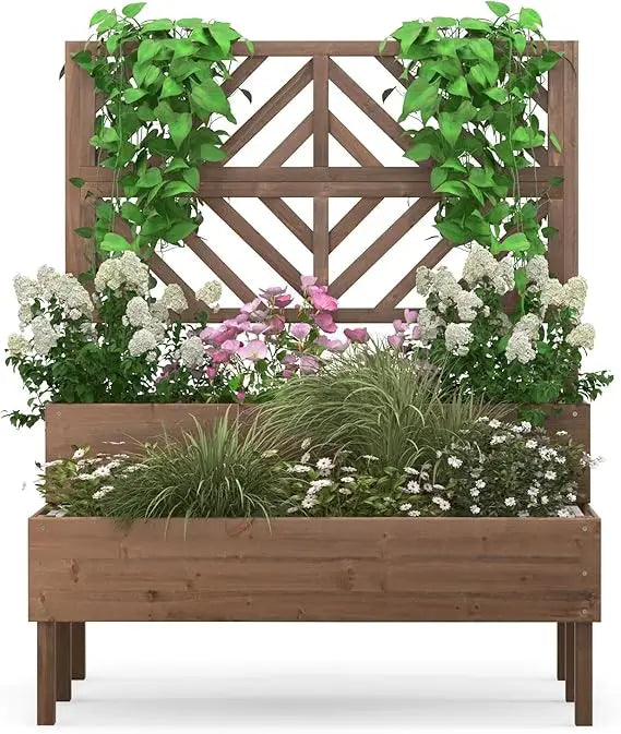 LDAILY Raised Garden Bed With Trellis And Planter Boxes