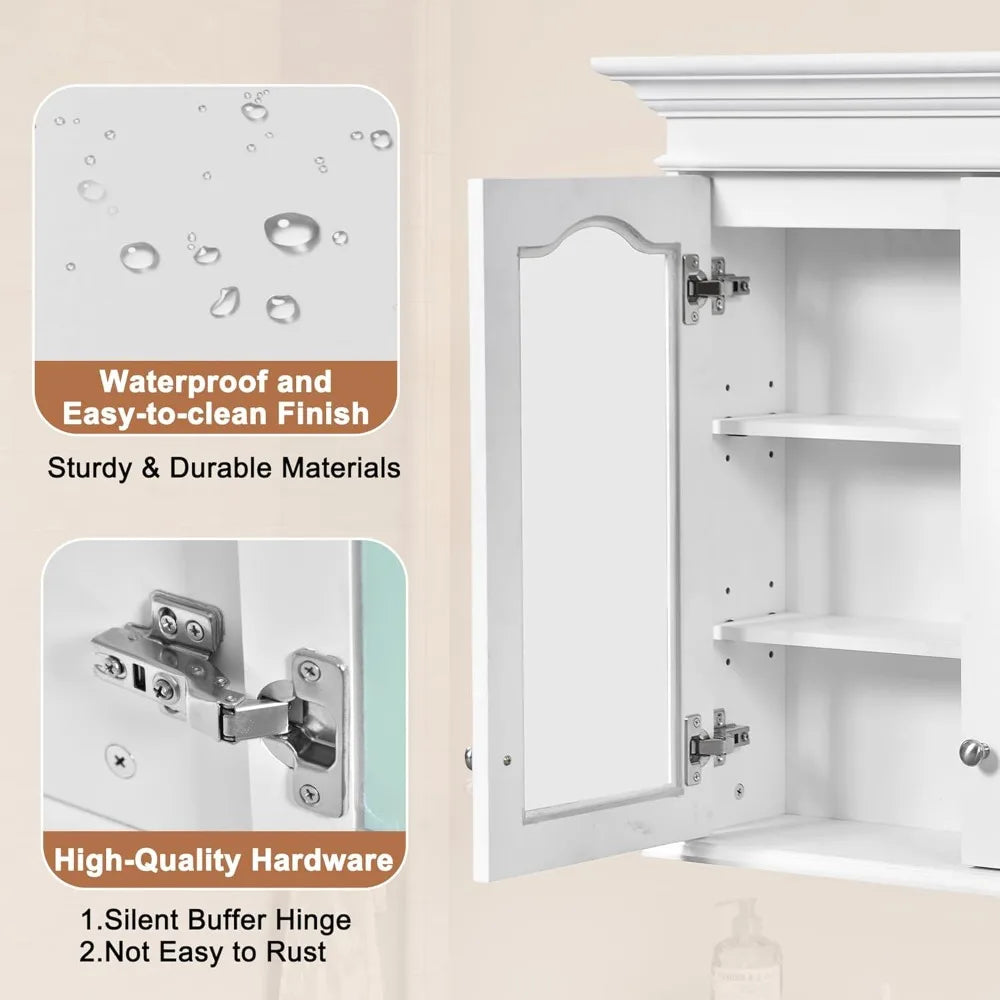Medicine Cabinet Mirror Wall Mounted Bathroom Glass Doors Adjustable Shelves
