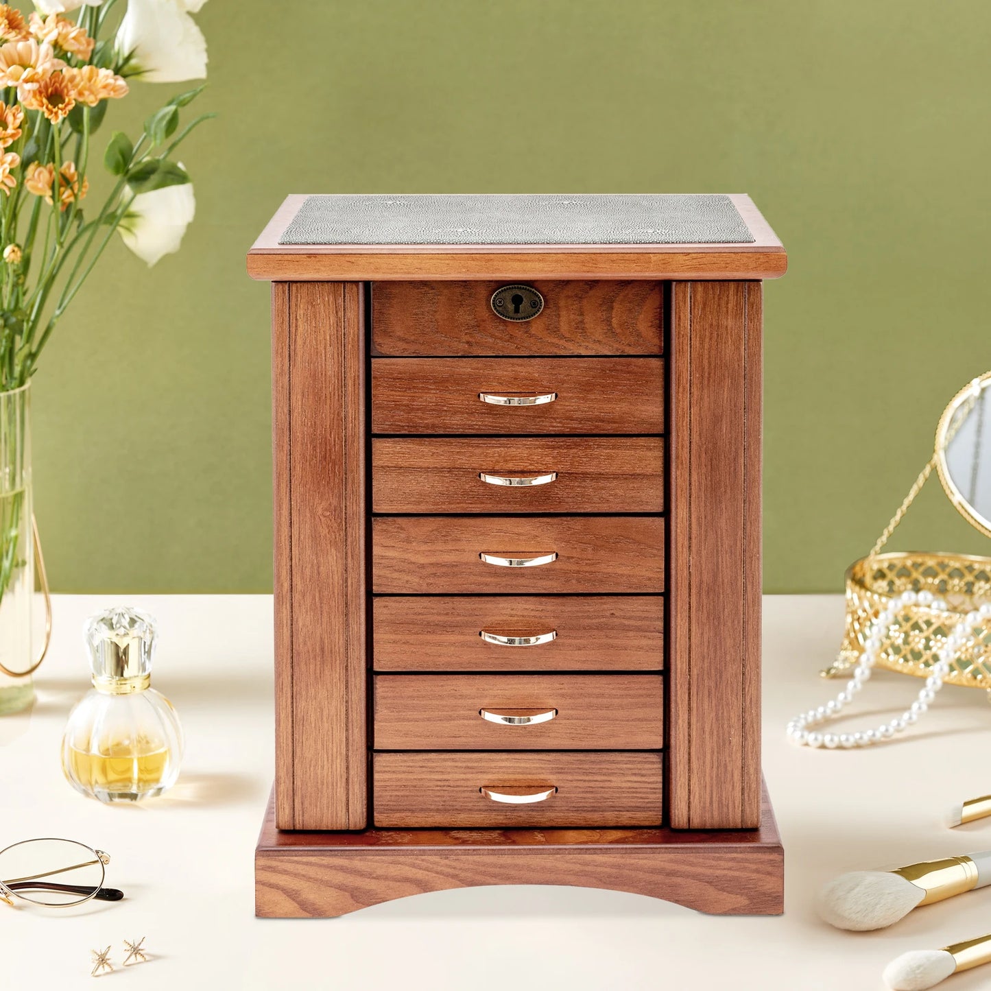 Sichuan Retro Walnut Jewelry Box 7 Layers Flocking Lining
