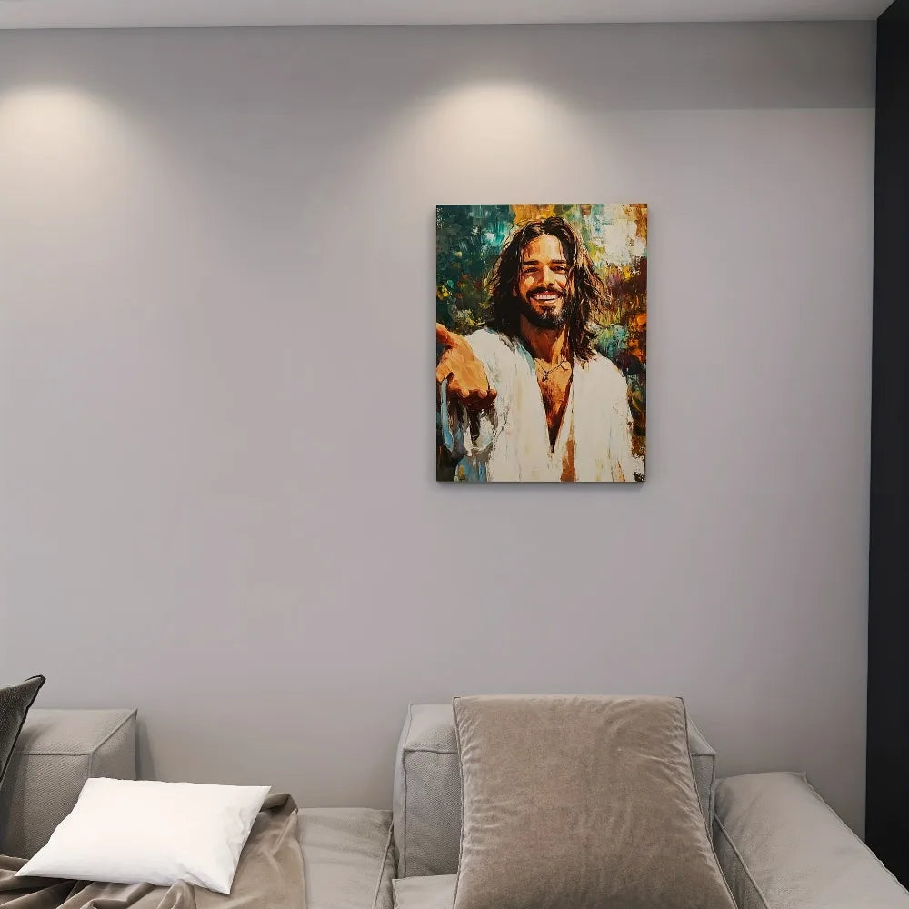 Hign-concerned Jesus Reaching Out Portrait on Pine Frame