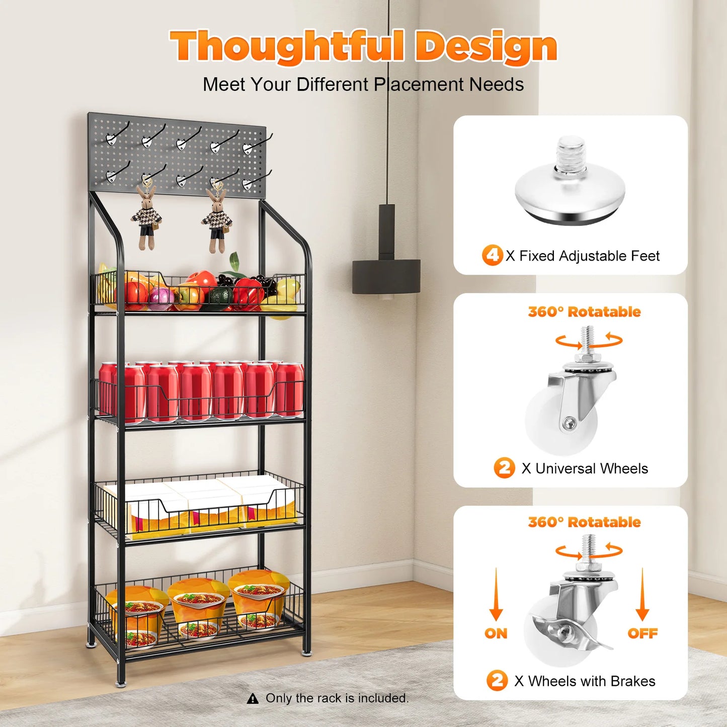 4 Tier Display Snack Rack With Universal Wheels Metal Stand