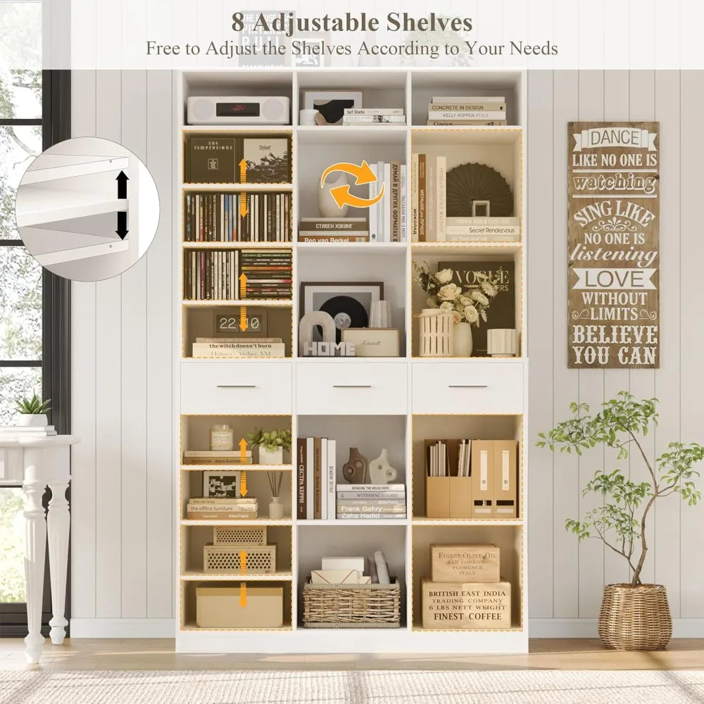 GUANGBAI Tall 9 Tier Bookcase With Drawers Modern Wood