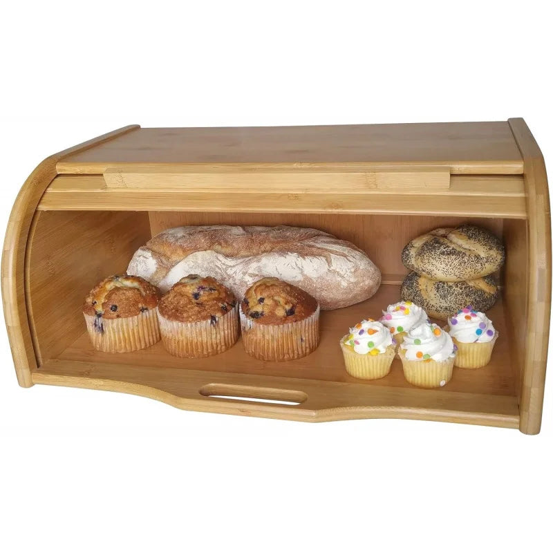 NONECN Bamboo Roll Top Bread Box for Kitchen Counter Organizer