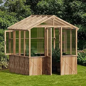 Cover Wooden Greenhouse With Sloped Roof And Shelves
