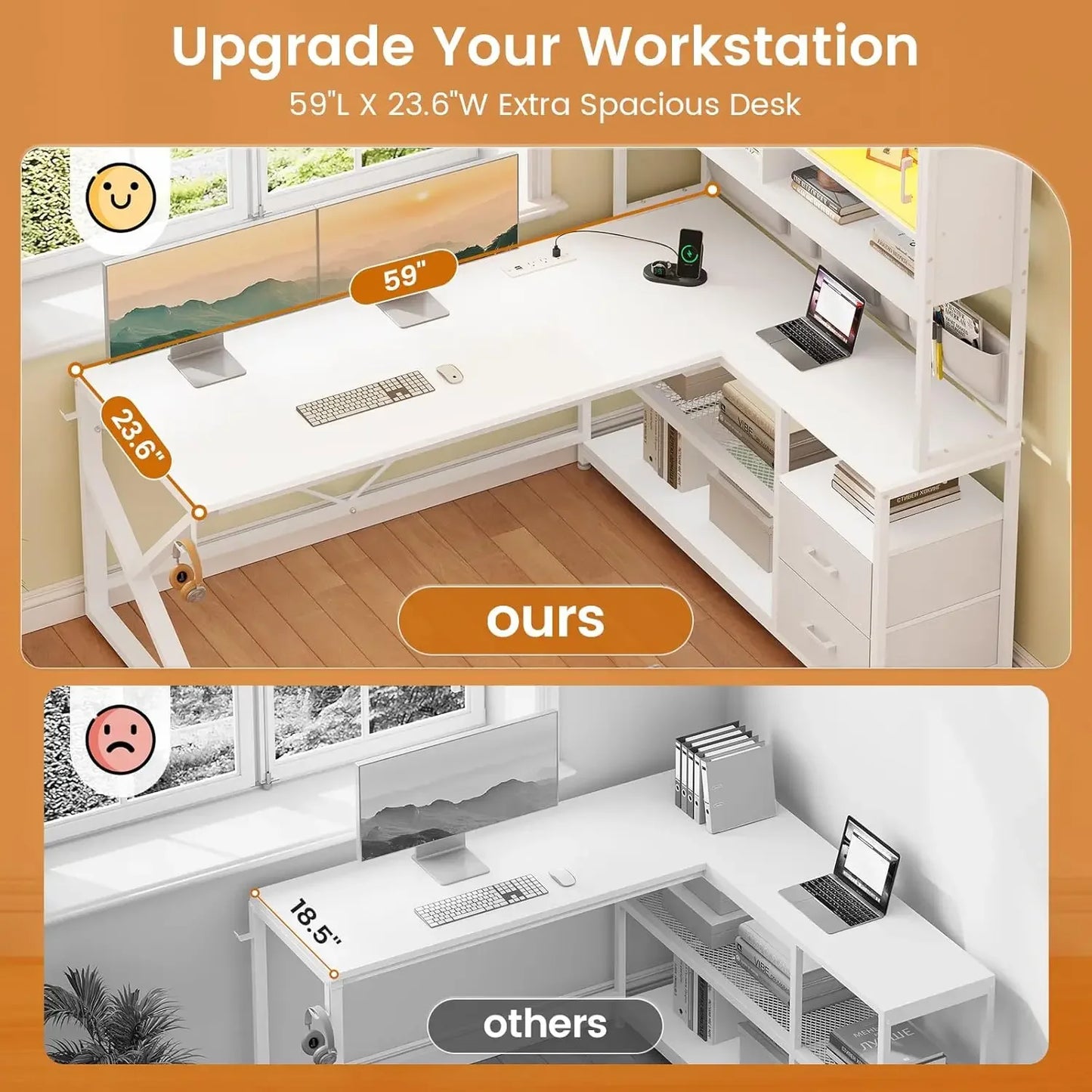 General Use L Shaped Gaming Desk With LED And Bookshelf