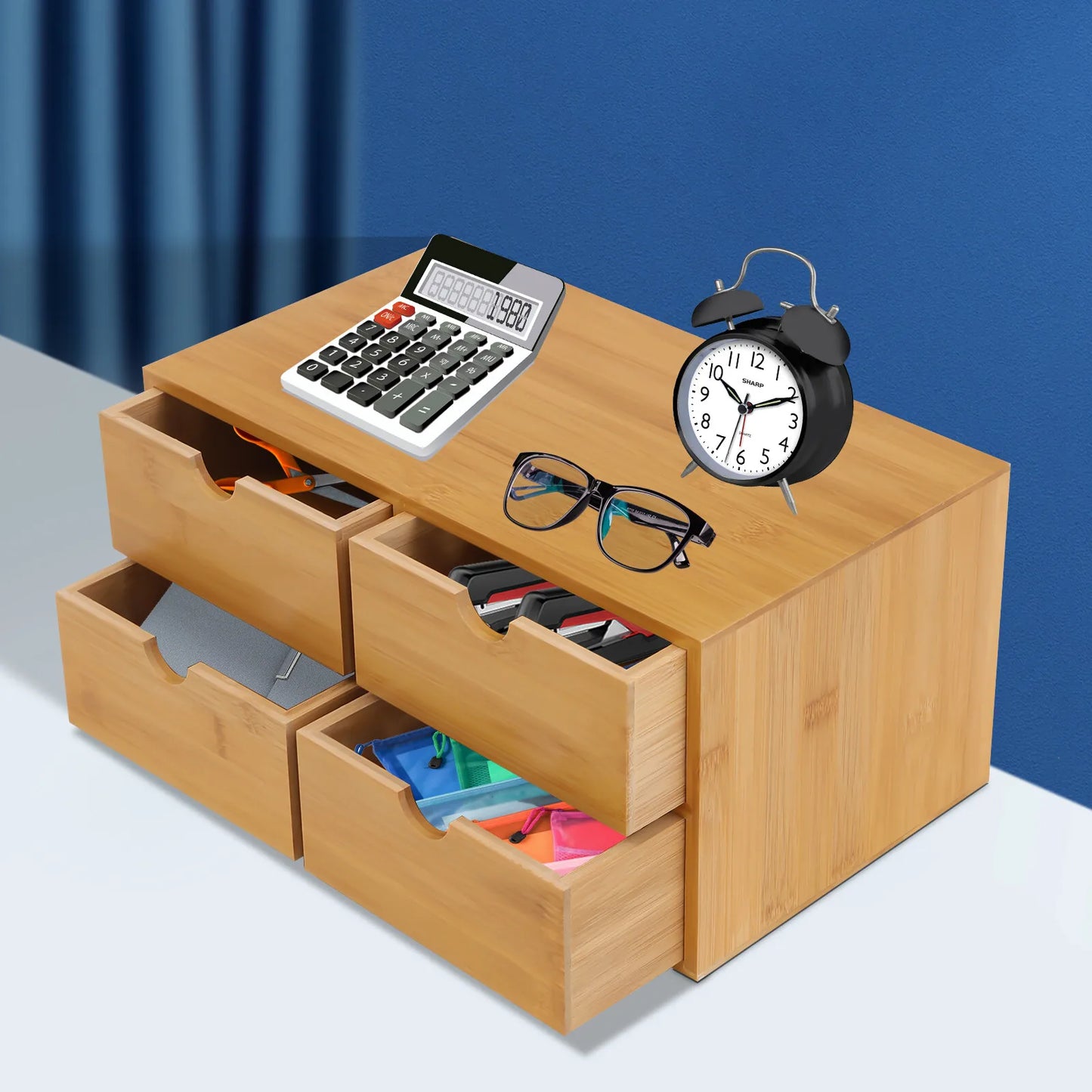 NONECN Elegant Bamboo Desktop Organizer With Four Drawers Office Home