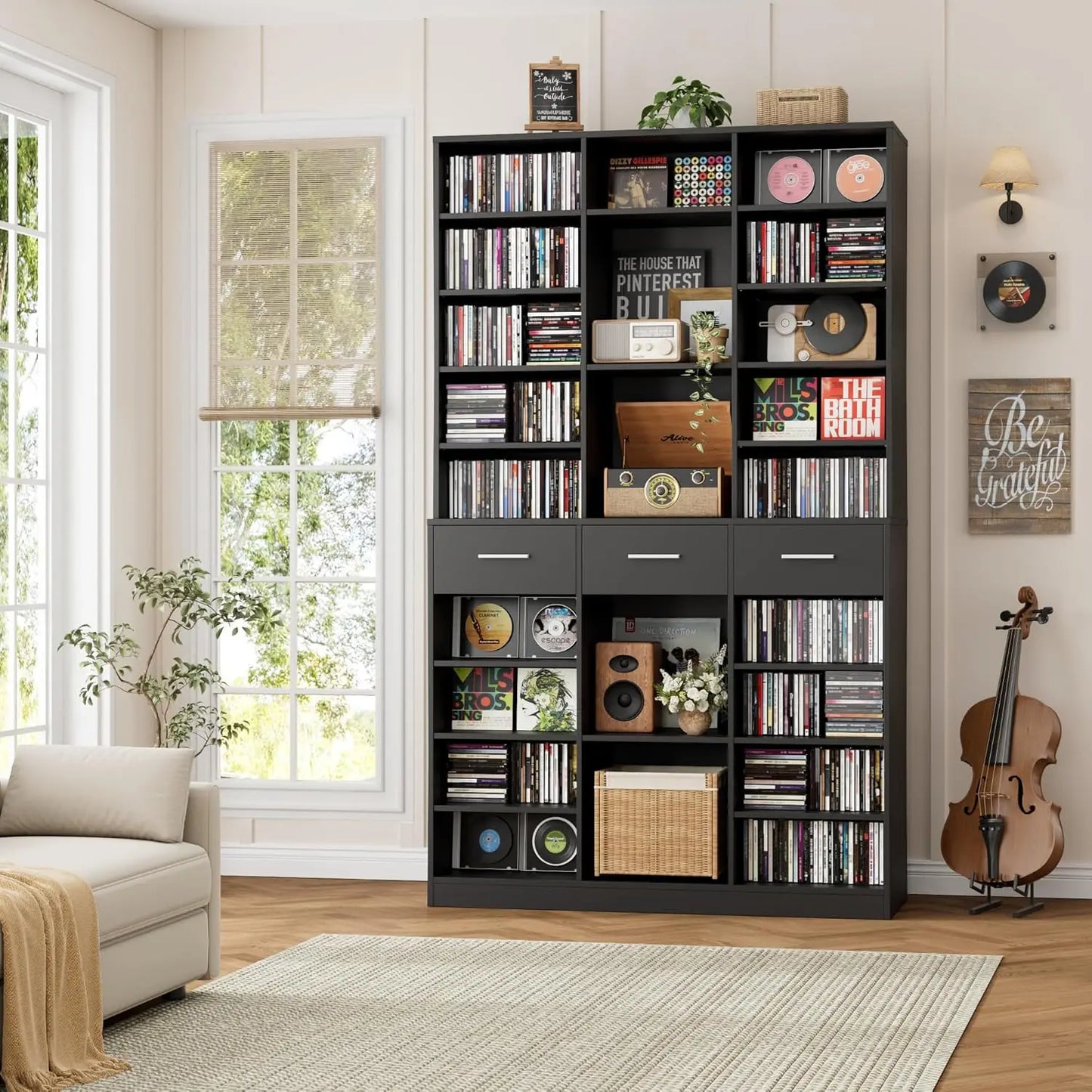 GUANGBAI Tall 9 Tier Bookcase With Drawers Modern Wood