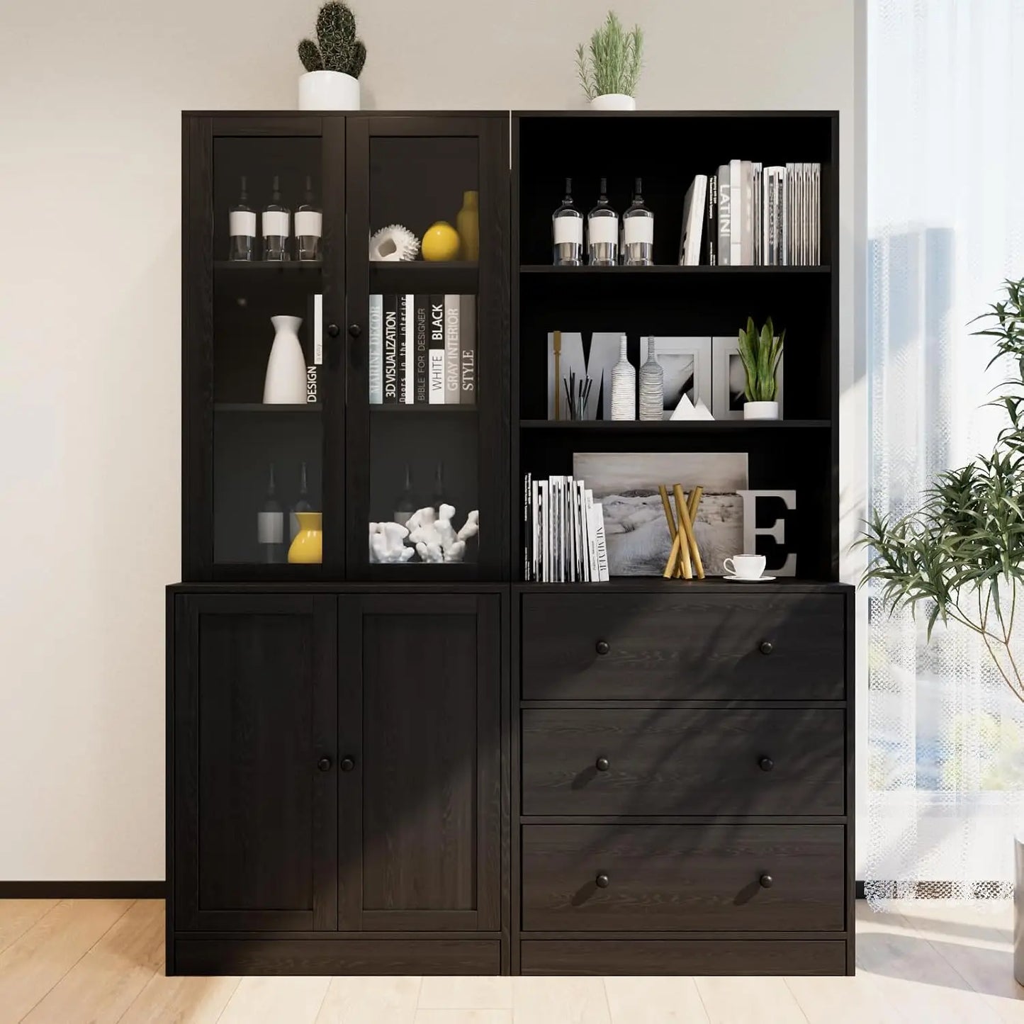 HUANZHUANG 3 Tier Modern Bookshelf With Glass Doors Drawers