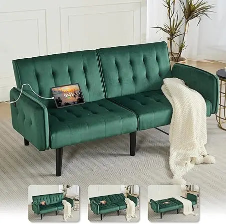 Ticify Modern Faux Leather Convertible USB Futon Sofa Bed