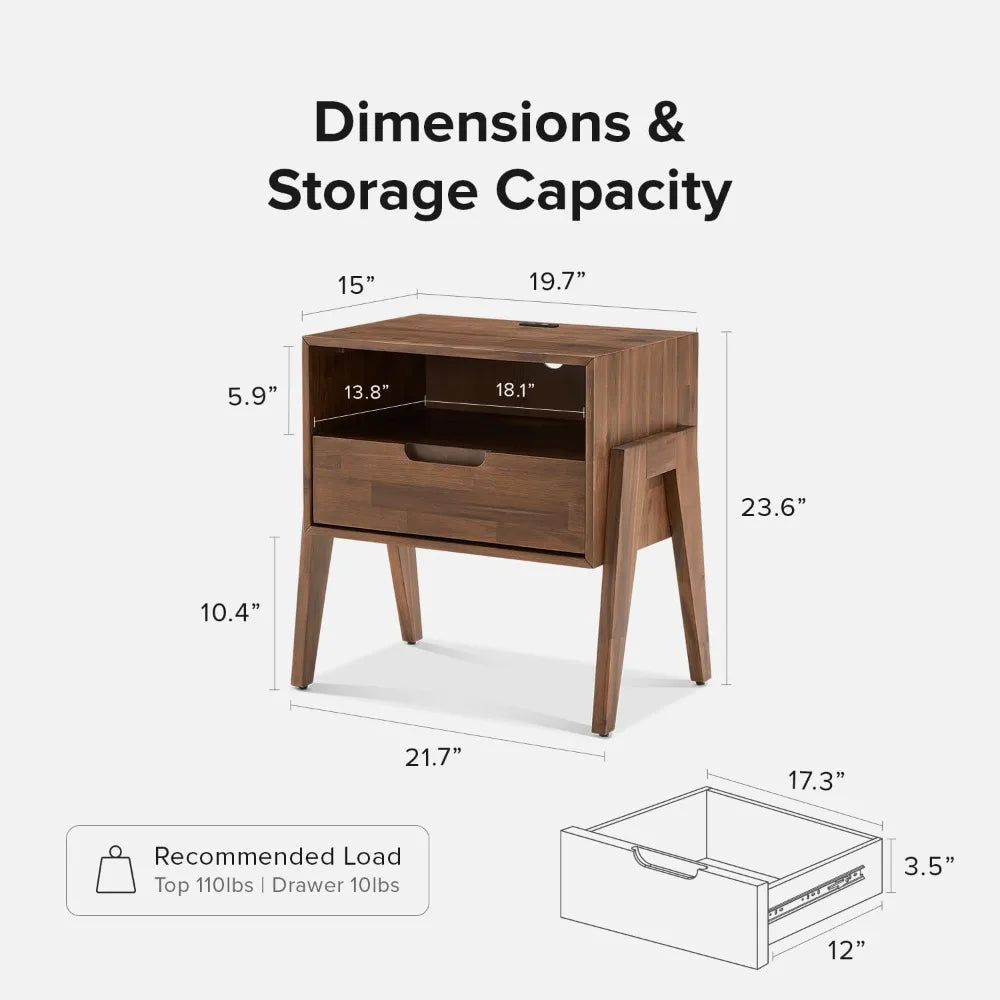 XUYUAN Solid Wood Nightstand With Charging Station Modern
