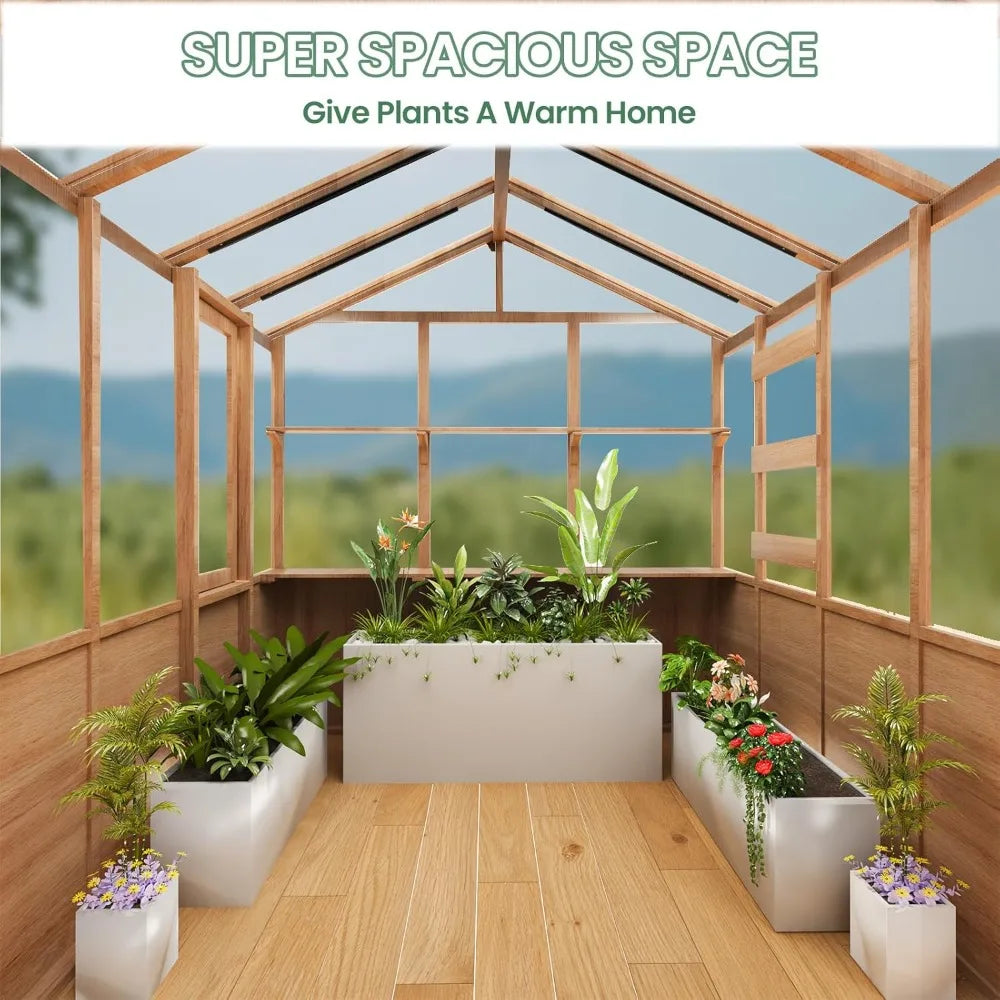 Cover Wooden Greenhouse With Sloped Roof And Shelves