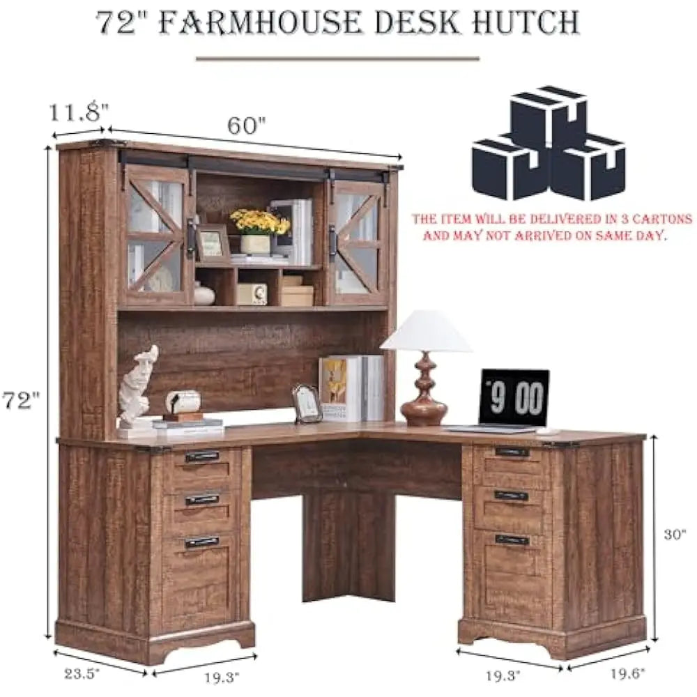 Wood L Shaped Desk With Hutch And Charging Station Storage