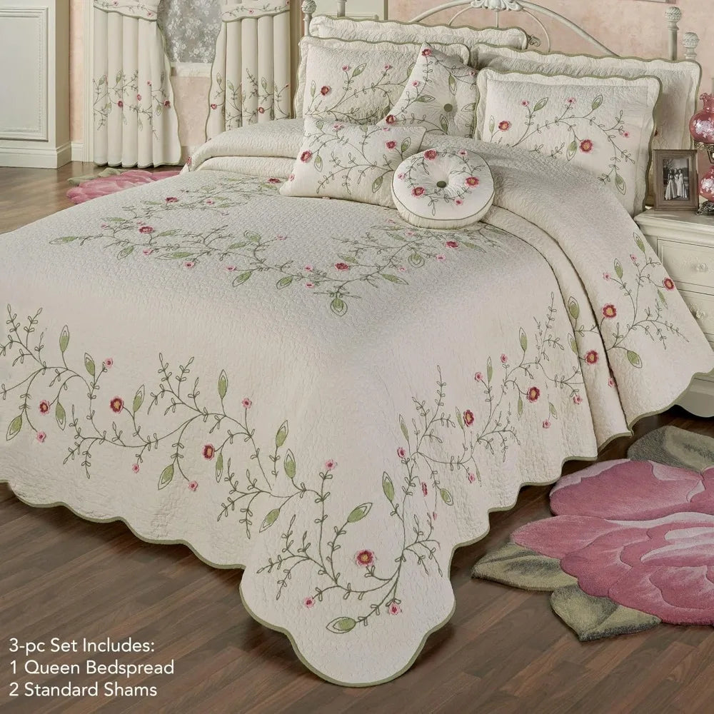 Cottage Garden Bedding Quilt With Fiber Art Floral Vines