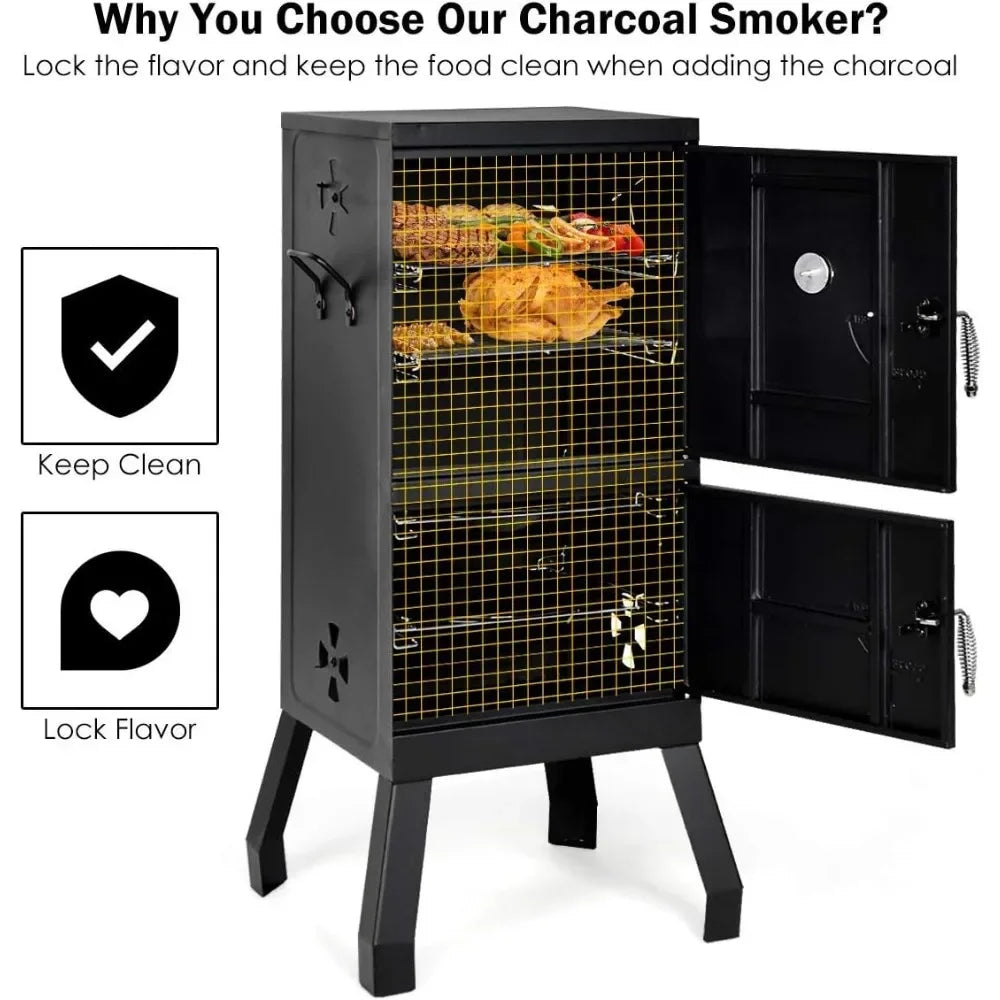 PEISI Vertical Charcoal Smoker With Double Doors And Racks