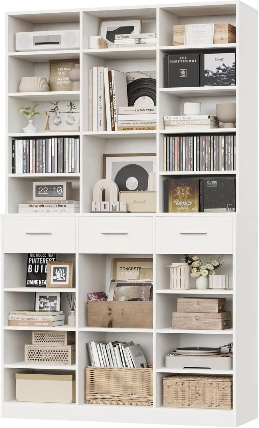 GUANGBAI Tall 9 Tier Bookcase With Drawers Modern Wood