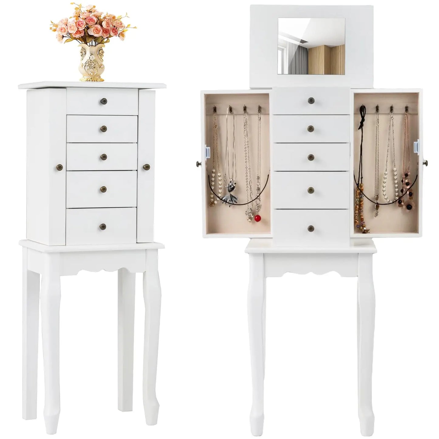 Standing Jewelry Armoire Cabinet 4 Drawers And Flip Top Mirror