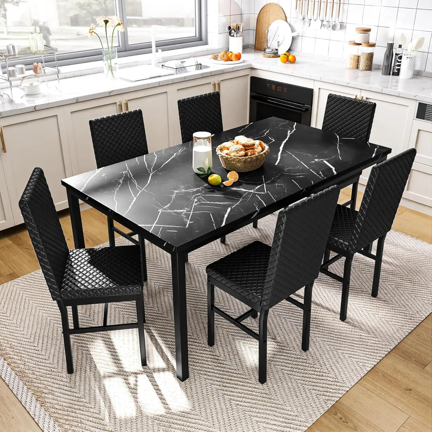 GUOHE Dining Table Set 6 Faux Marble PU Leather Chairs