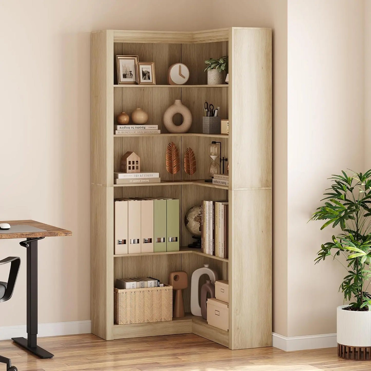 Angduo Corner Bookshelf L Shaped Five Tier Display Shelf