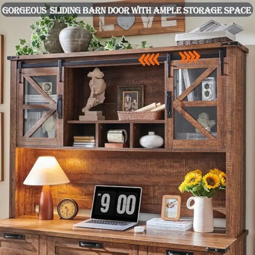 Wood L Shaped Desk With Hutch And Charging Station Storage