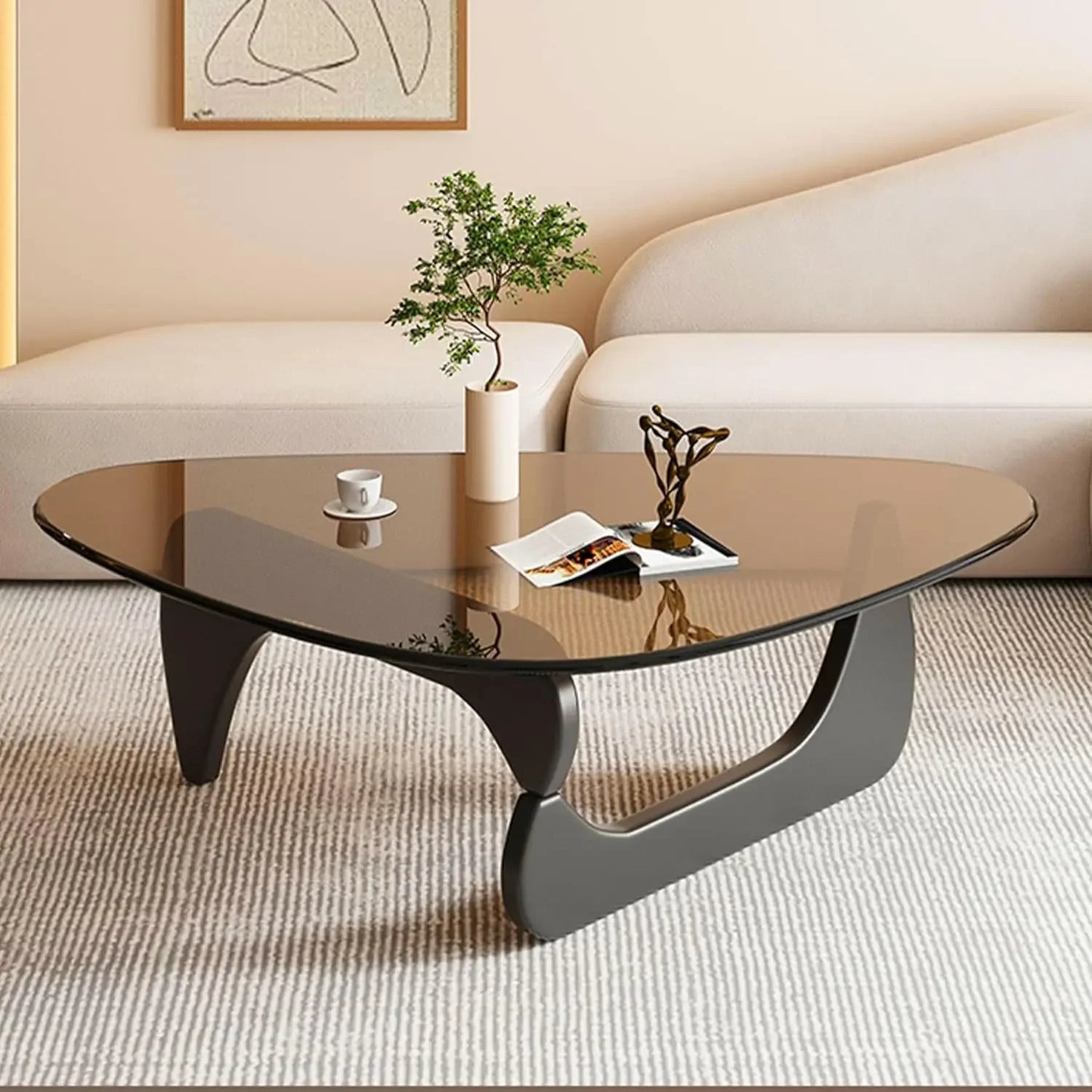 Folded Triangle Glass Coffee Table With Wooden Base
