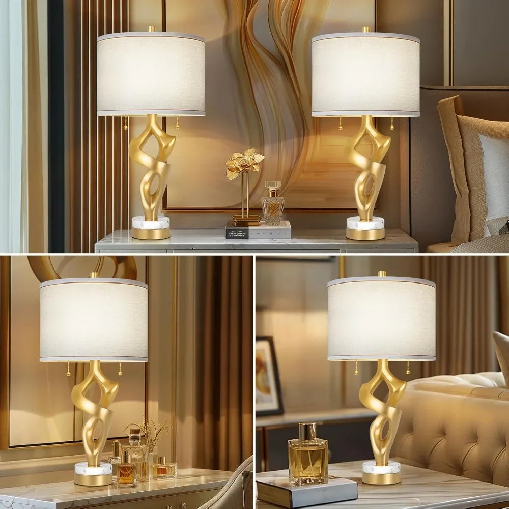 XMSJ Sculptural Table Lamp Set Marble Base USB Ports Gold