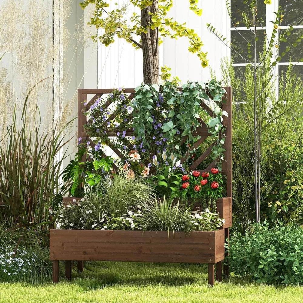 LDAILY Raised Garden Bed With Trellis And Planter Boxes