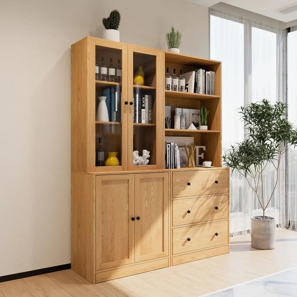 HUANZHUANG 3 Tier Modern Bookshelf With Glass Doors Drawers