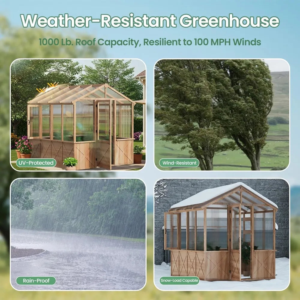 Cover Wooden Greenhouse With Sloped Roof And Shelves