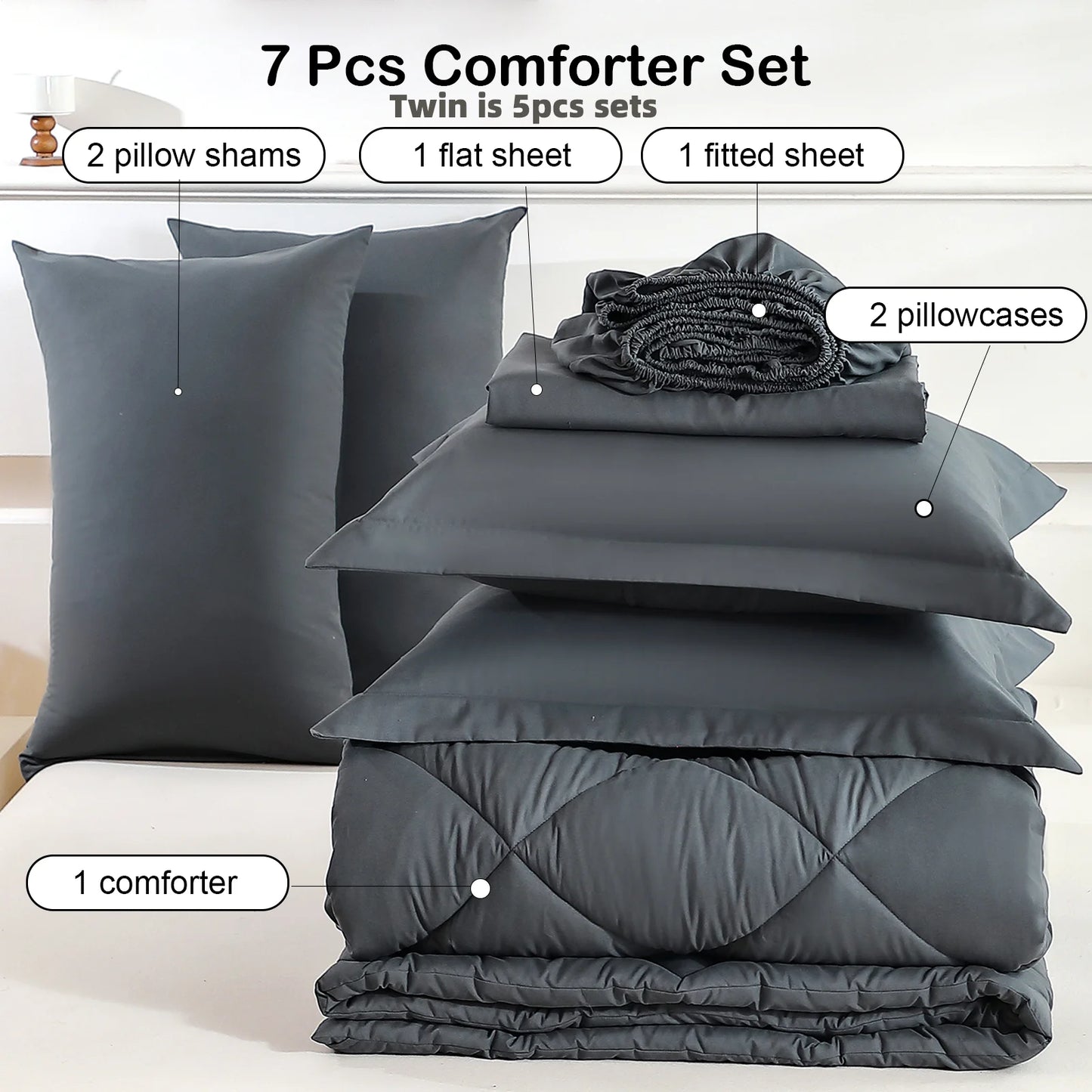 EasYumCN 7-Piece Quilted Bedding Set Polyester Solid