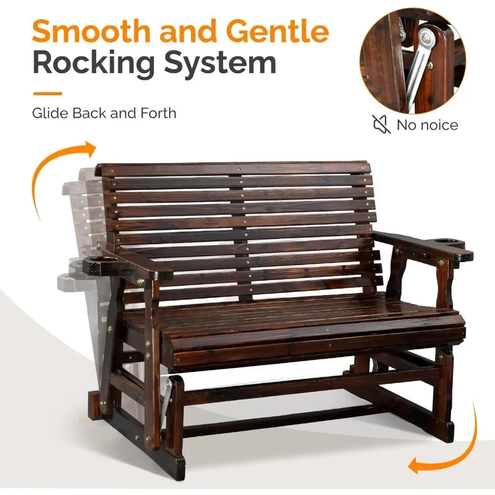 Durable Wooden Patio Glider Chair With Built-In Cup Holders