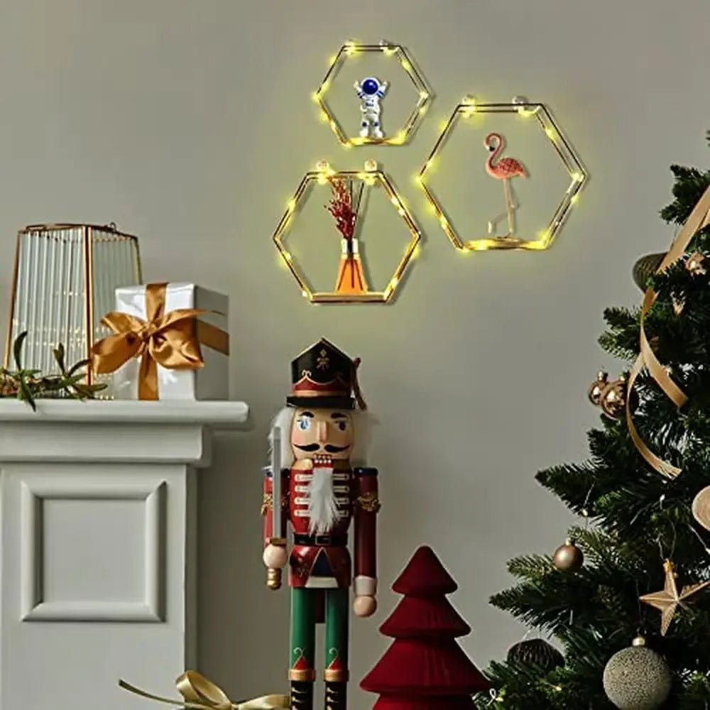 XMSJ Hexagon Metal Wire Wood LED Floating Shelves Set