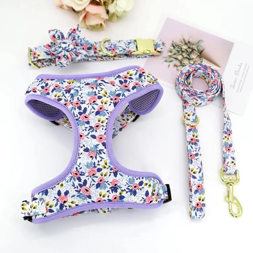 Fujian Cute Dog Harness Leash Collar Floral Mesh Set