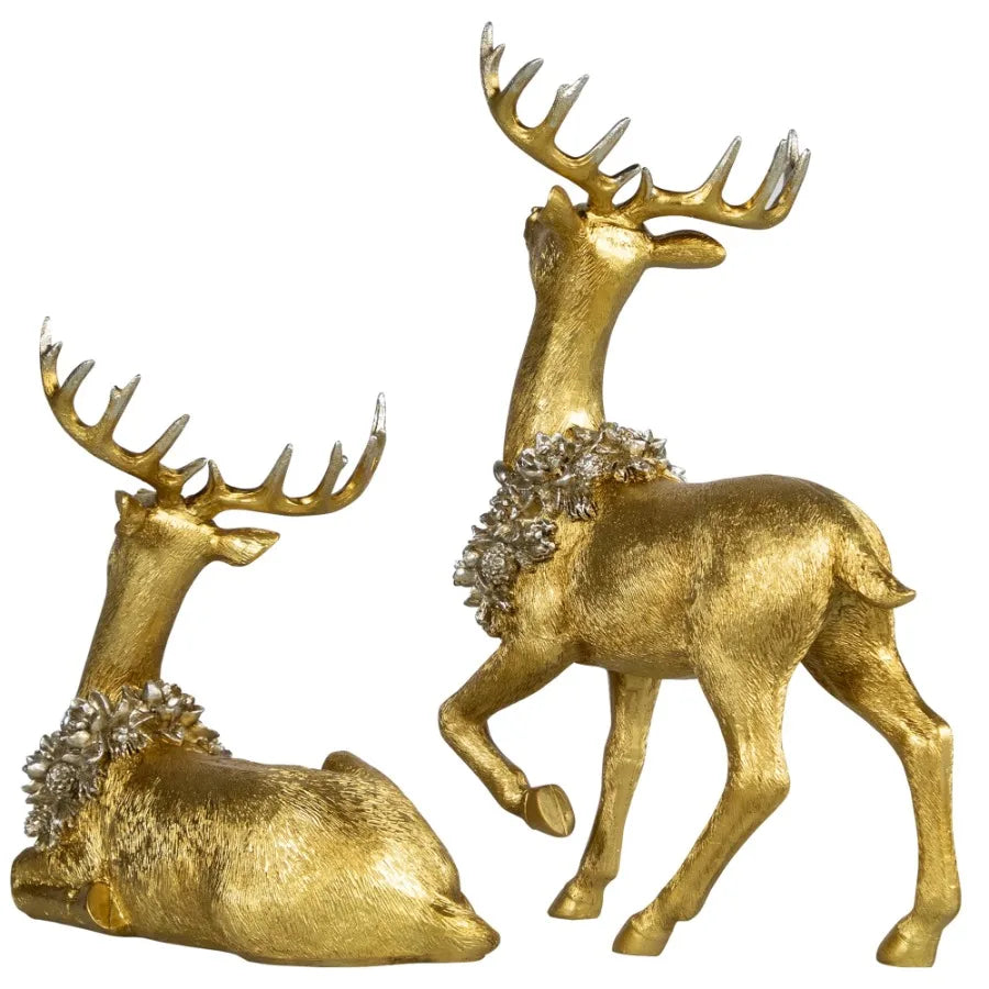 Elegant Gold Reindeer With Wreaths Christmas Figurines
