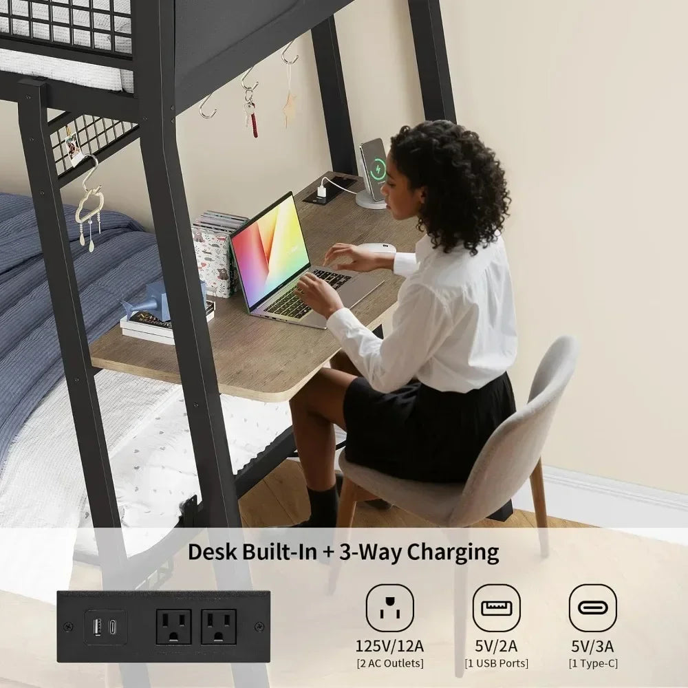 XMSJ Twin Over Twin Metal Bunk Bed With Desk Outlets