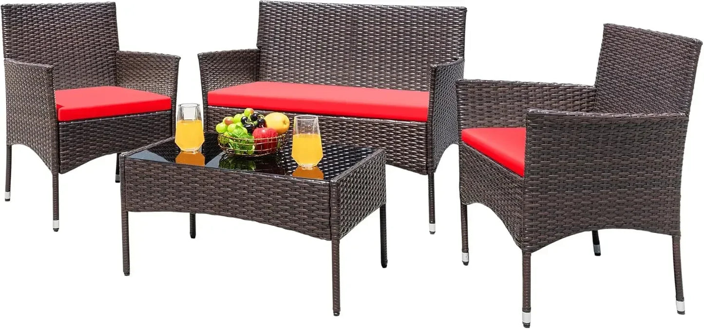 Outdoor Wicker Rattan 4-Piece Conversation Set For Patio