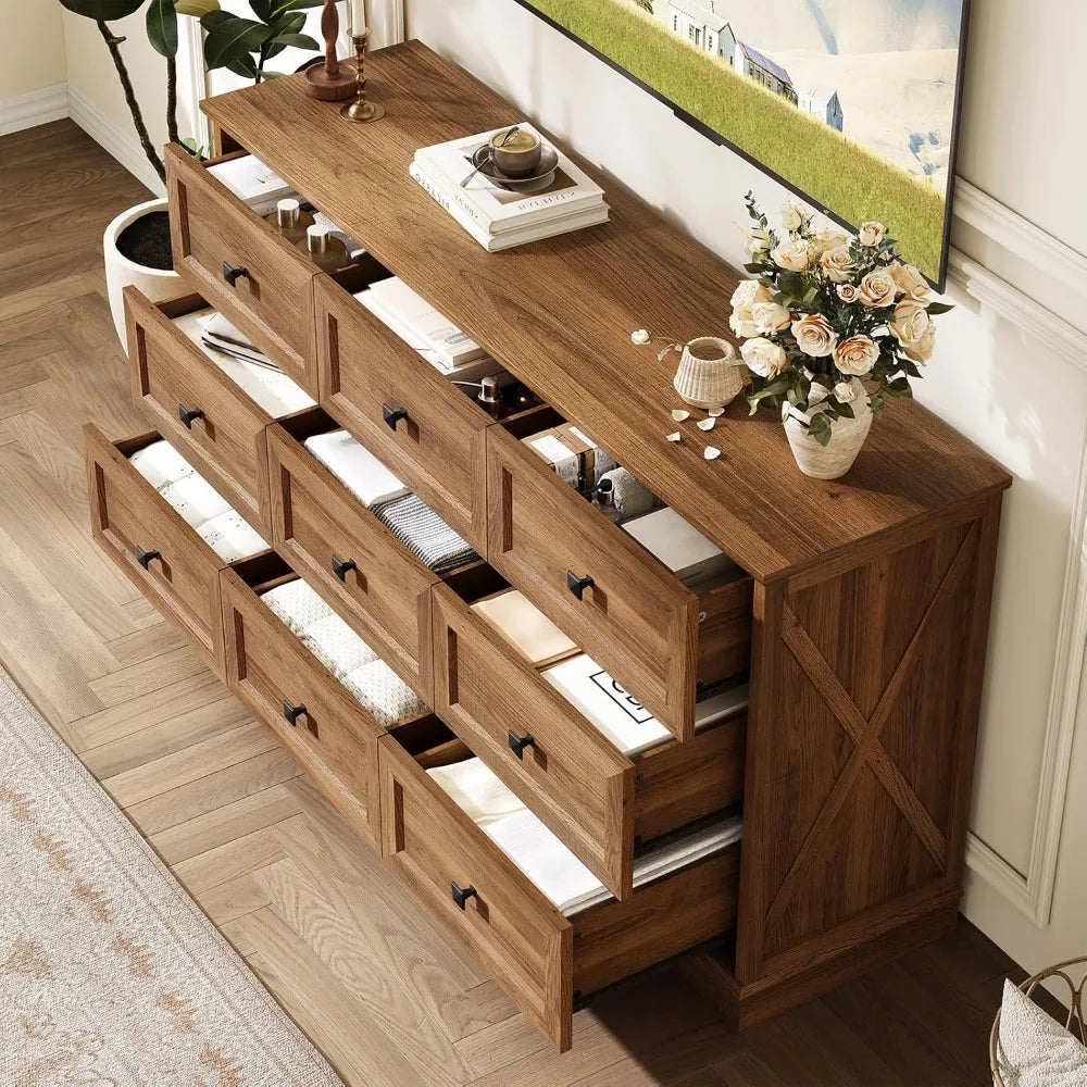 Guangbai Farmhouse 9 Drawer Dresser Wood Storage Chest