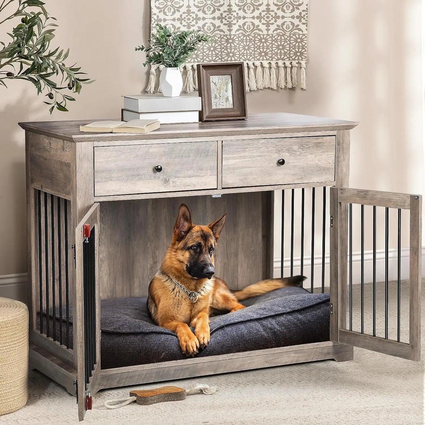 HUANZHUANG Wooden Dog Crate End Table With Storage Drawers