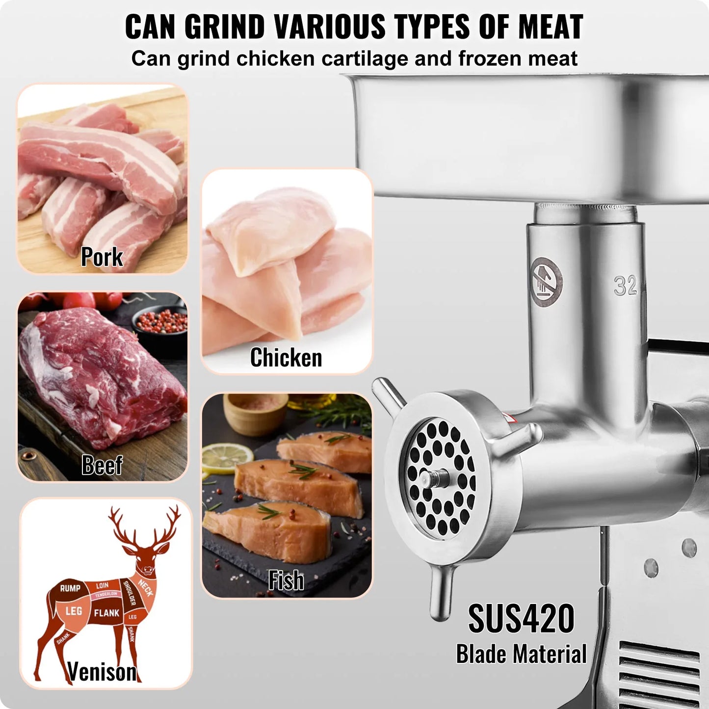 VEVOR Electric Meat Grinder 1000W Commercial Stainless Steel