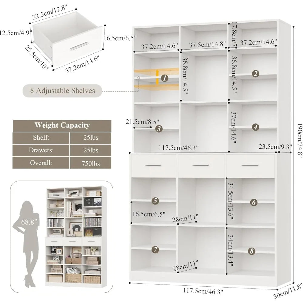 GUANGBAI Tall 9 Tier Bookcase With Drawers Modern Wood