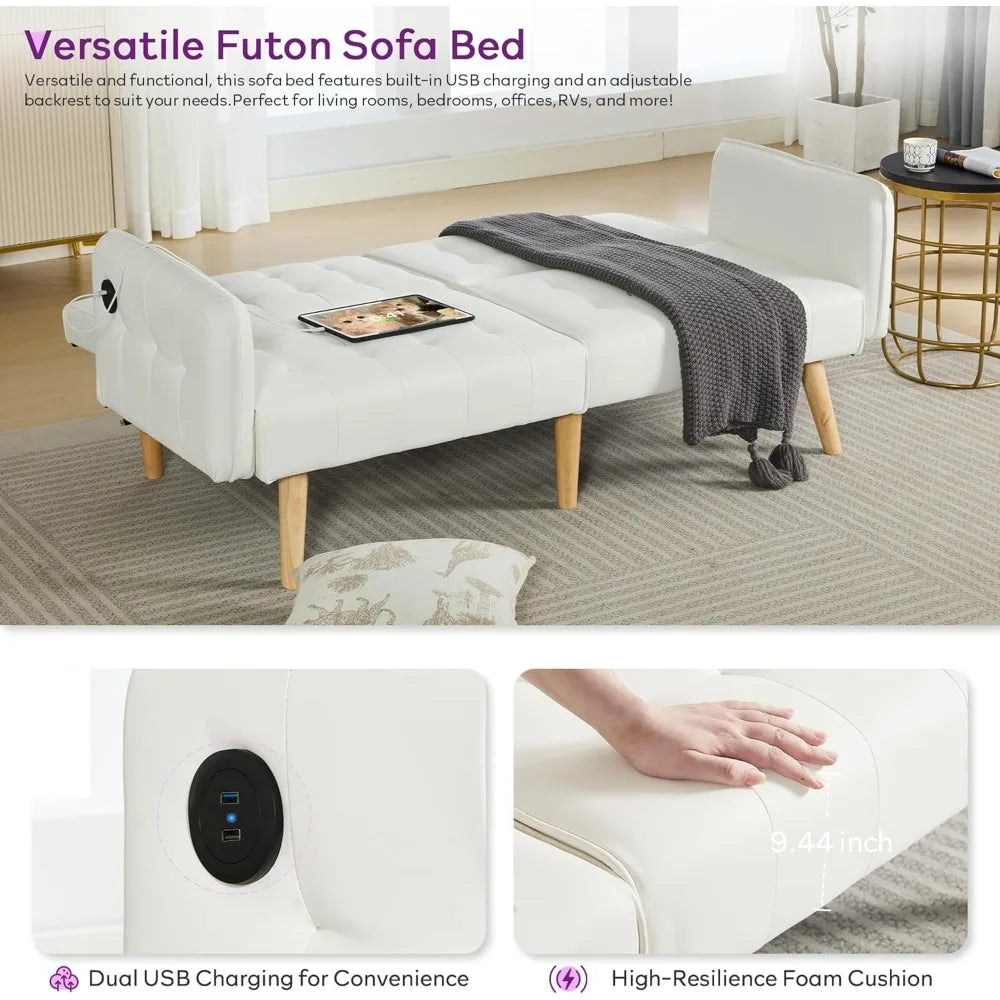 Ticify Modern Faux Leather Convertible USB Futon Sofa Bed