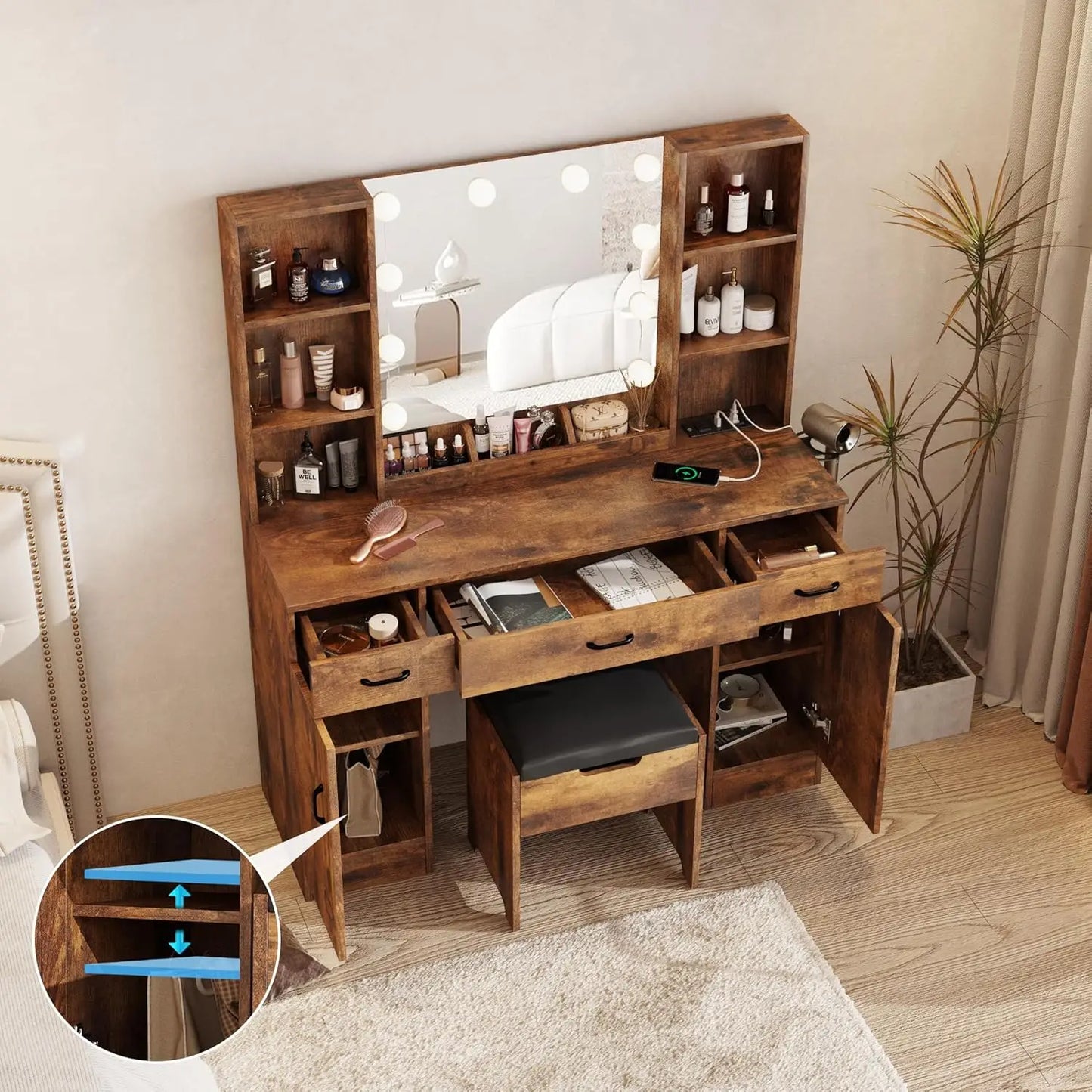 XMSJ Makeup Vanity Table With Lighted Mirror And Outlets