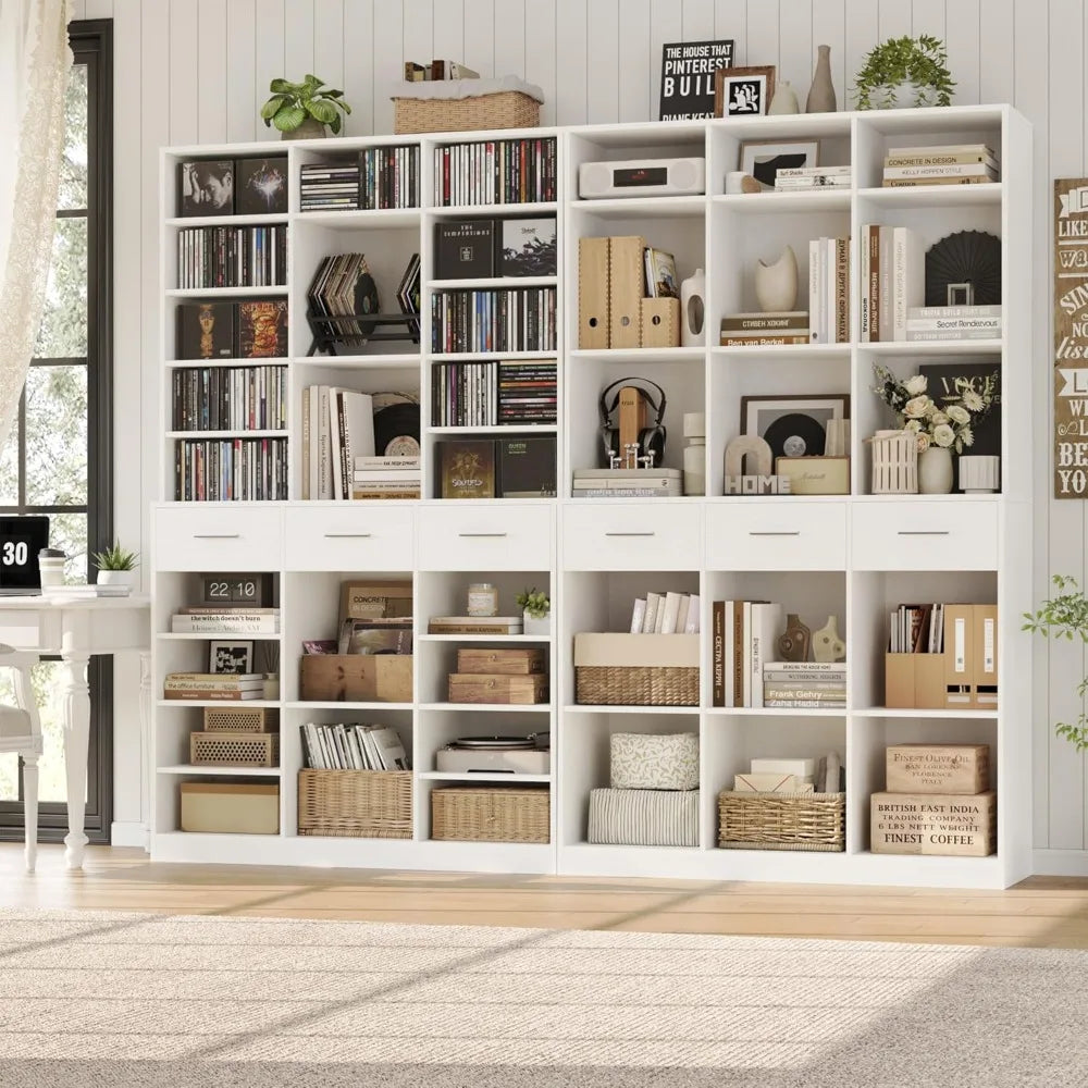 GUANGBAI Tall 9 Tier Bookcase With Drawers Modern Wood