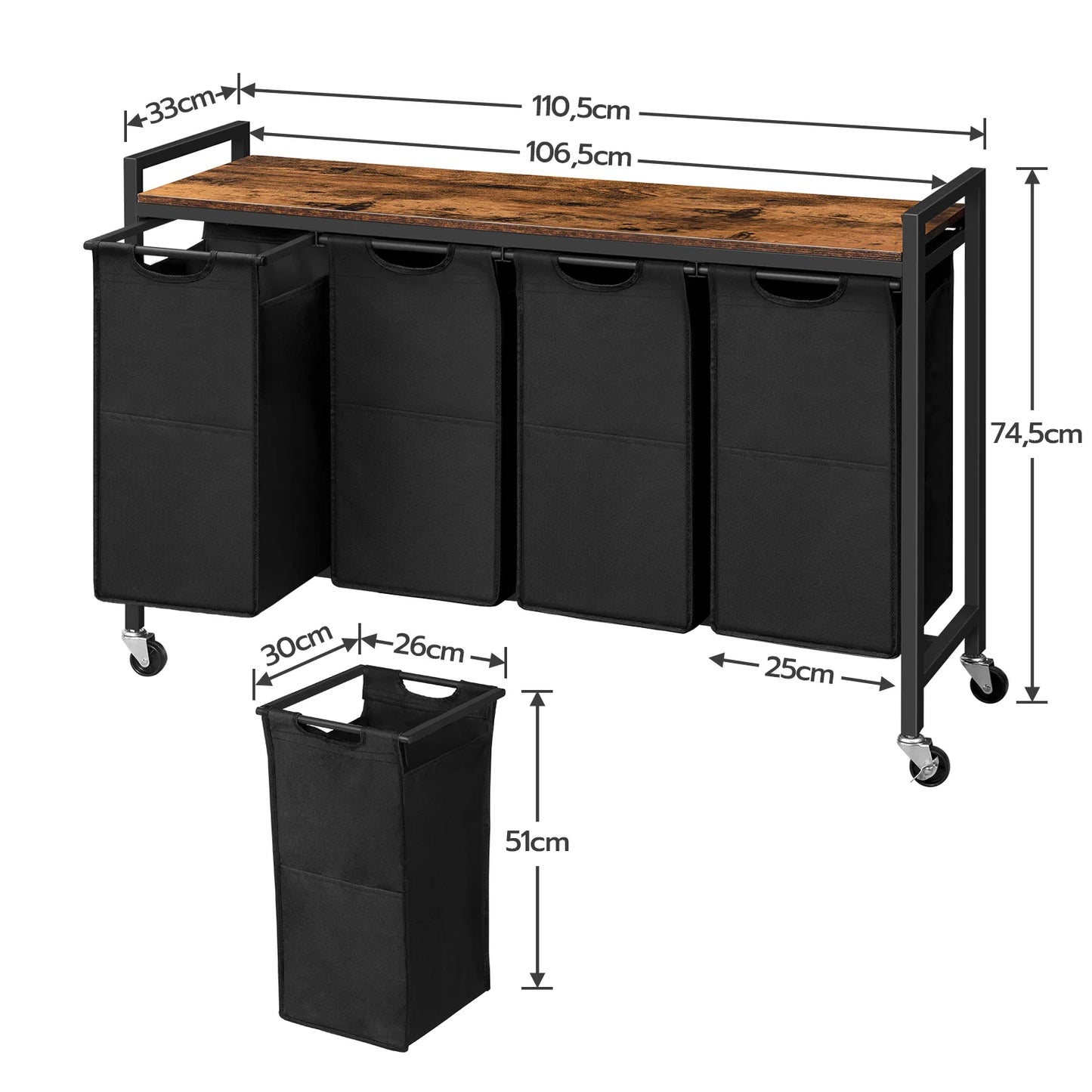 HOOBRO Rolling Laundry Sorter 4 Section Hamper with Wheels