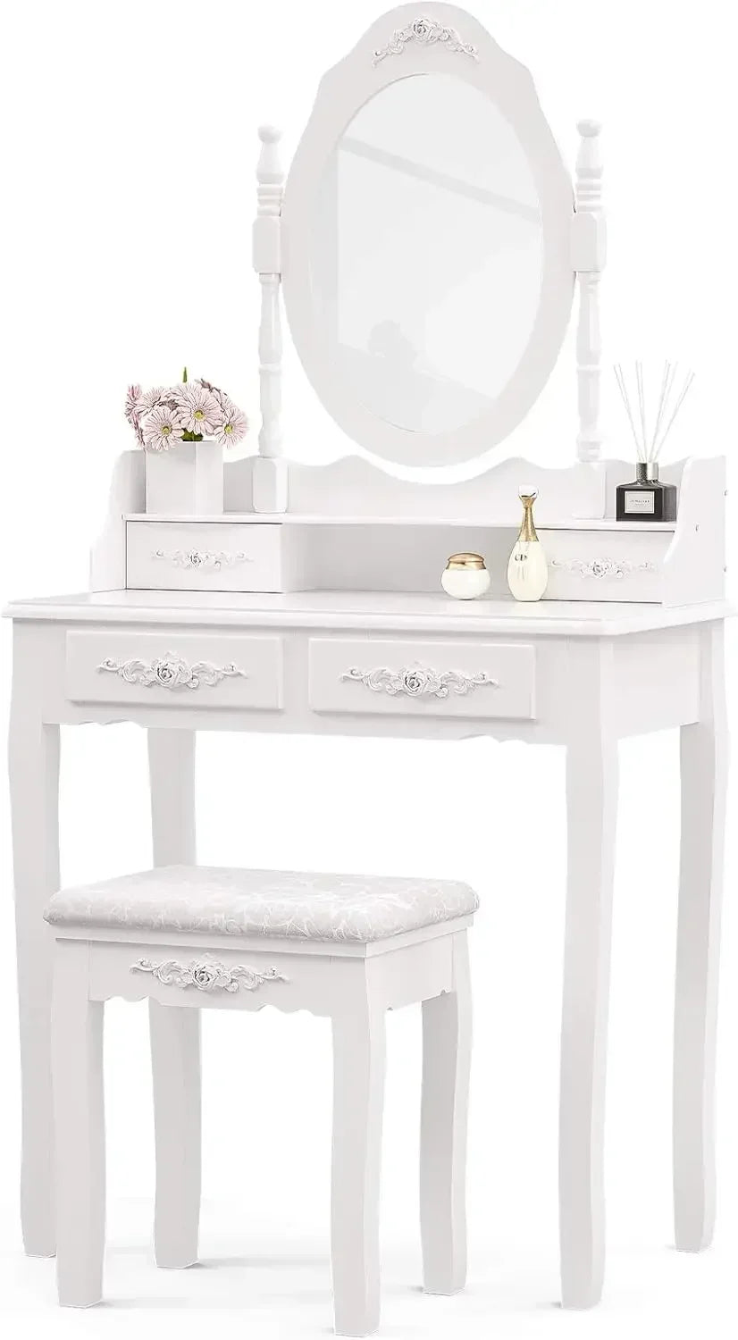 XMSJ Vanity Table Set With Oval Mirror And Stool Elite