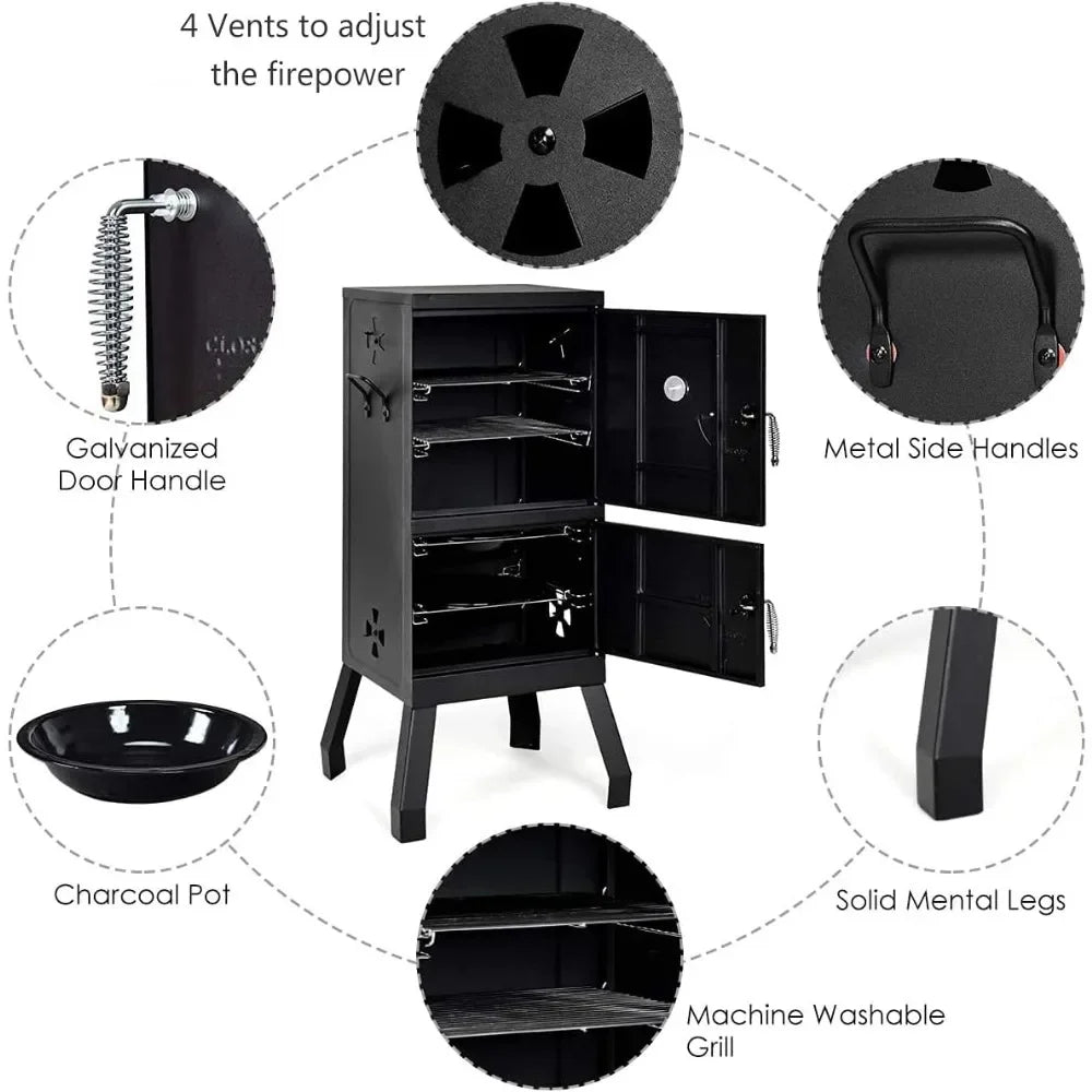 PEISI Vertical Charcoal Smoker With Double Doors And Racks